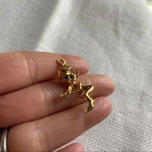 Vintage 1966 HOBCO Gold Elf Charm With Emerald Green Crystal Eyes Marked On Back